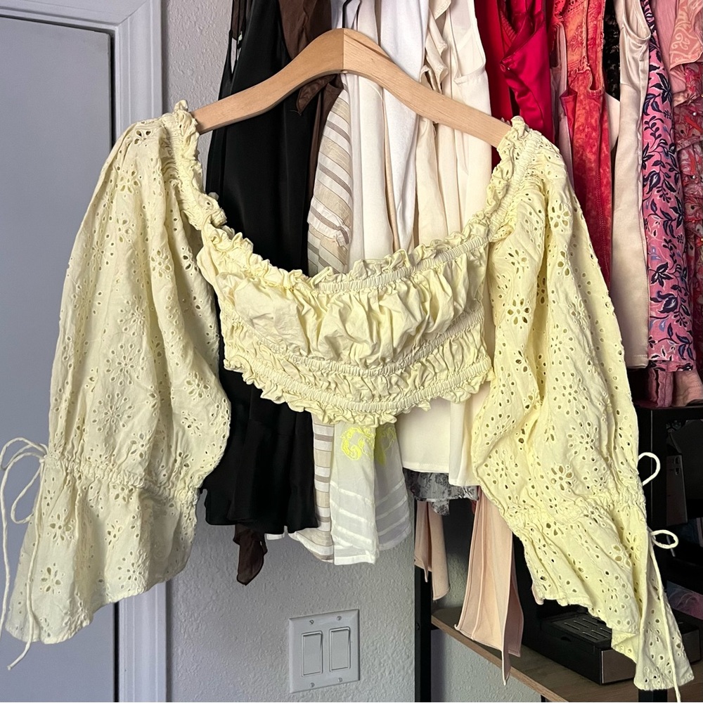 ANI light butter pale yellow eyelet puff long sleeve off shoulder cropped blouse